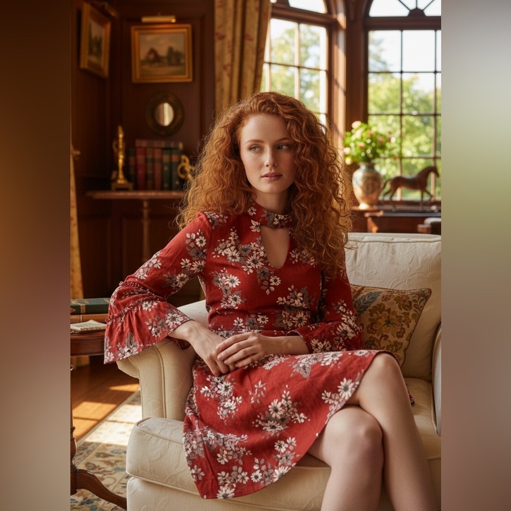 Gilli Rust Red Floral Long Bell Sleeve Keyhole Neck Dress Size L